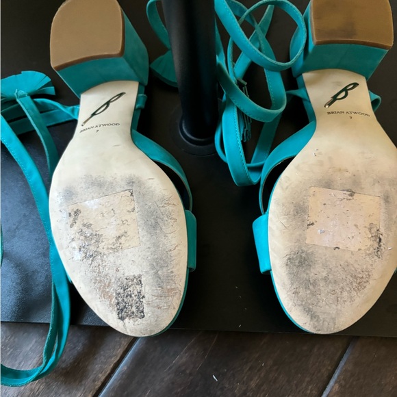 Brian Atwood Astor Nubuck Sandals Block Heel Crisscross Tie Up Aqua Women’s US 7 - Picture 10 of 13